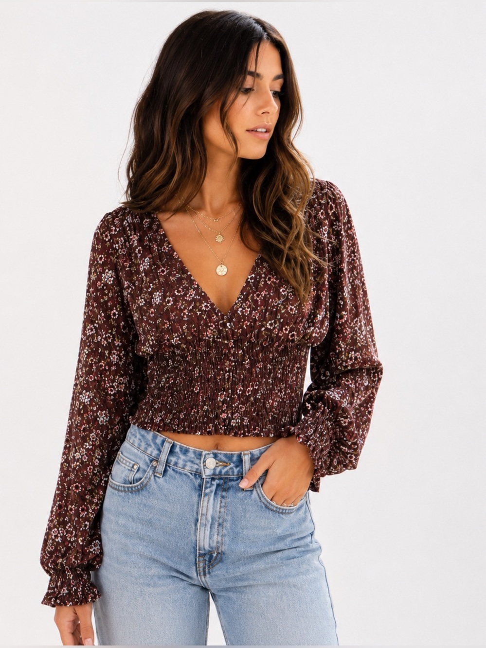 Forever 21 Floral Smocked Peasant Top Boho Cottagecore Metallic Thread Size M